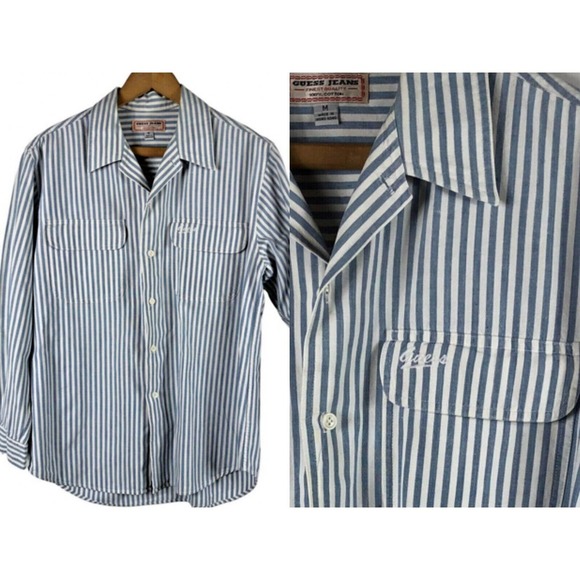 Vintage Guess Jeans Shirt Medium Spell Out Pin Stripe Button Down RARE Mens - Picture 1 of 7